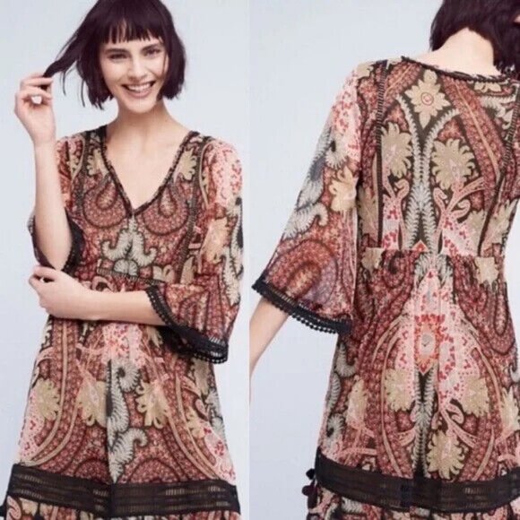 Anthropologie Ranna Gill Size 8 Bohemian Tunic Dress Hippie‎ Chic Bell Sleeves - Picture 1 of 11